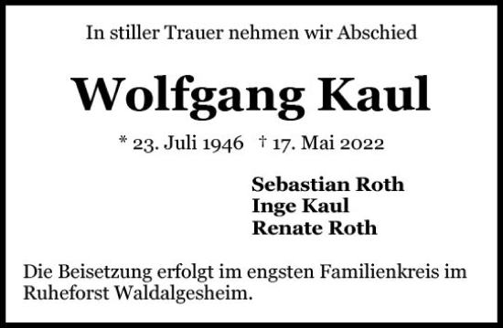 Traueranzeige von Wolfgang Kaul von vrm-trauer AZ Mainz
