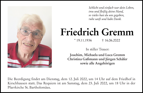 Traueranzeige von Friedrich Gremm von Darmstädter Echo