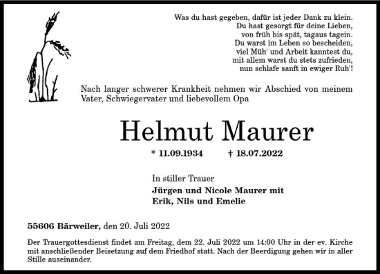 Traueranzeige von Helmut Maurer von vrm-trauer Allg. Zeitung Bad Kreuznach