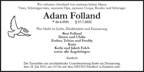 Traueranzeige von Adam Folland von vrm-trauer Rheingau