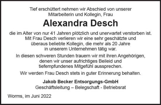 Traueranzeige von Alexandra Desch von vrm-trauer Wormser Zeitung