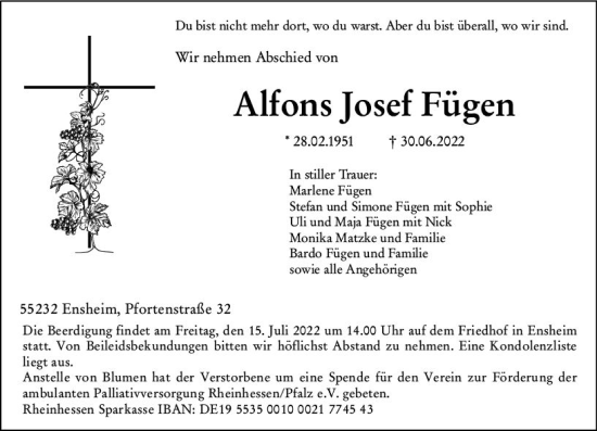 Traueranzeige von Alfons Josef Fügen von vrm-trauer Allgemeine Zeitung Alzey
