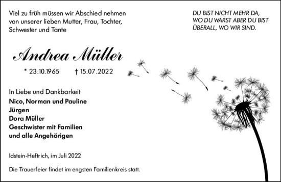 Traueranzeige von Andrea Müller von vrm-trauer Wiesbadener Kurier