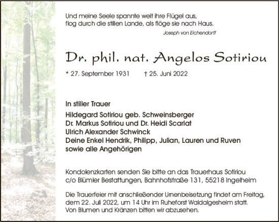 Traueranzeige von Angelos Sotiriou von vrm-trauer Wiesbadener Kurier