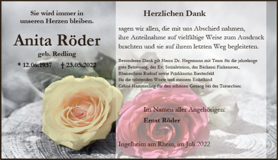 Traueranzeige von Anita Röder von vrm-trauer Allgemeine  Zeitung Ingelheim-Bingen