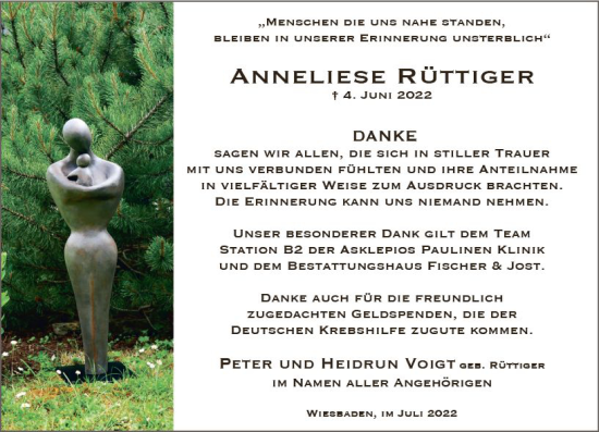 Traueranzeige von Anneliese Rüttiger von vrm-trauer Wiesbadener Kurier