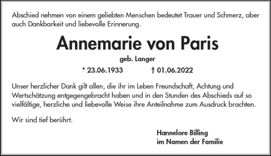 Traueranzeige von Annemarie von Paris von vrm-trauer Wiesbadener Kurier