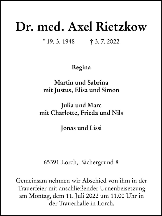 Traueranzeige von Axel Rietzkow von vrm-trauer Wiesbadener Kurier