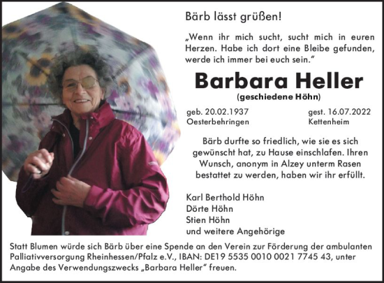 Traueranzeige von Barbara Heller von vrm-trauer Allgemeine Zeitung Alzey