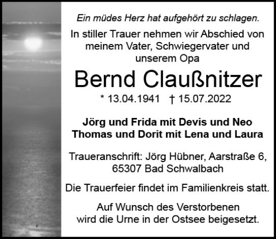 Traueranzeige von Bernd Claußnitzer von vrm-trauer Wiesbadener Kurier