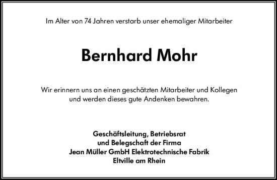 Traueranzeige von Bernhard Mohr von vrm-trauer Rheingau