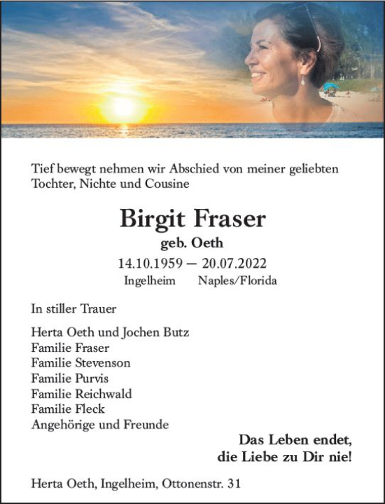 Traueranzeige von Birgit Fraser von vrm-trauer Allgemeine  Zeitung Ingelheim-Bingen