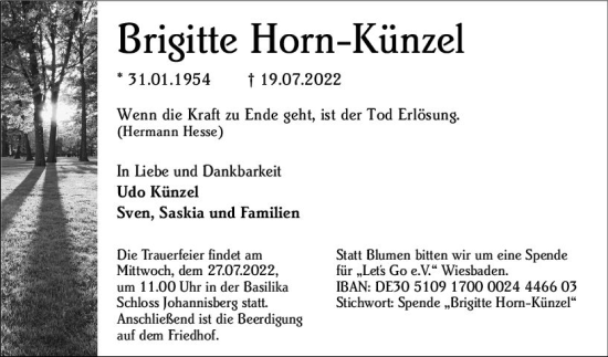 Traueranzeige von Brigitte Horn-Künzel von vrm-trauer Rheingau