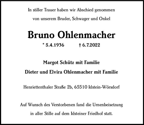 Traueranzeige von Bruno Ohlenmacher von vrm-trauer Idsteiner Zeitung