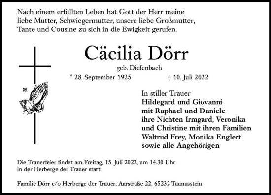 Traueranzeige von Cäcilia Dörr von vrm-trauer WK-UTA