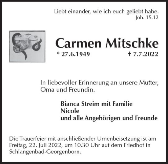 Traueranzeige von Carmen Mitschke von vrm-trauer Wiesbadener Kurier