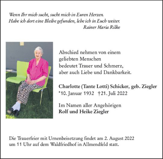 Traueranzeige von Charlotte Schicker von vrm-trauer Groß-Gerauer Echo