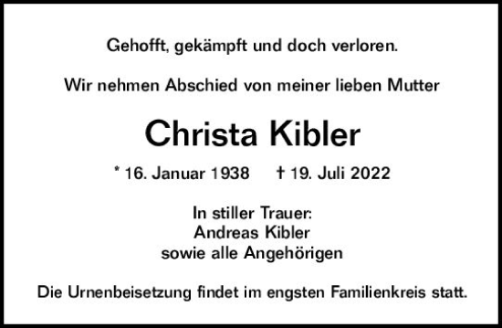 Traueranzeige von Christa Kibler von vrm-trauer Rüsselsheimer Echo / MainSpitze