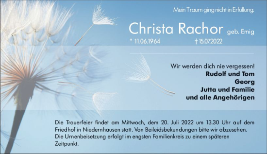 Traueranzeige von Christa Rachor von vrm-trauer Darmstädter Echo