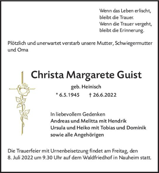 Traueranzeige von Christa Margarete Guist von vrm-trauer Rüsselsheimer Echo / MainSpitze