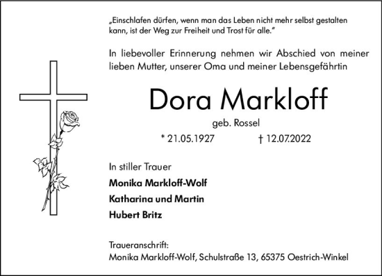 Traueranzeige von Dora Markloff von vrm-trauer Wiesbadener Kurier