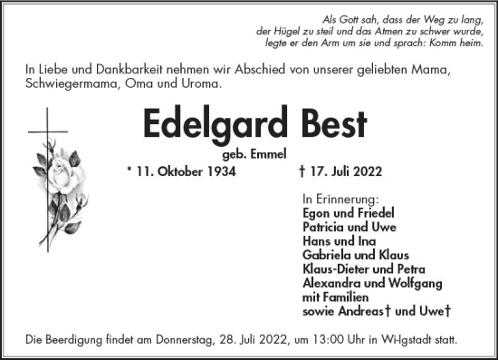 Traueranzeige von Edelgard Best von vrm-trauer Wiesbadener Kurier