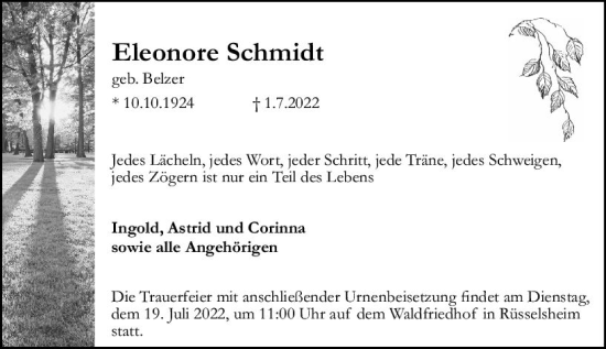 Traueranzeige von Eleonore Schmidt von vrm-trauer Rüsselsheimer Echo / MainSpitze