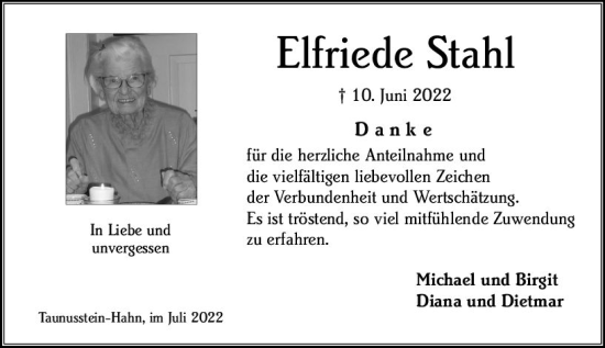 Traueranzeige von Elfriede Stahl von vrm-trauer Wiesbadener Kurier