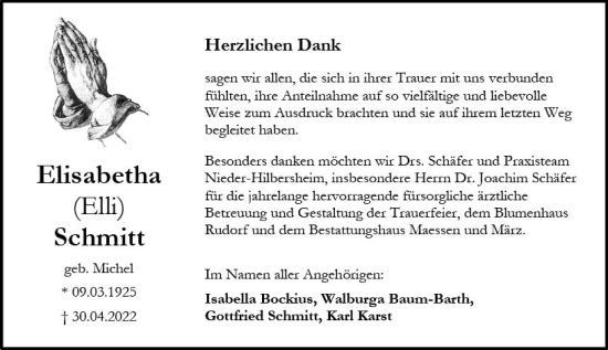 Traueranzeige von Elisabeth Schmitt von vrm-trauer Allgemeine  Zeitung Ingelheim-Bingen