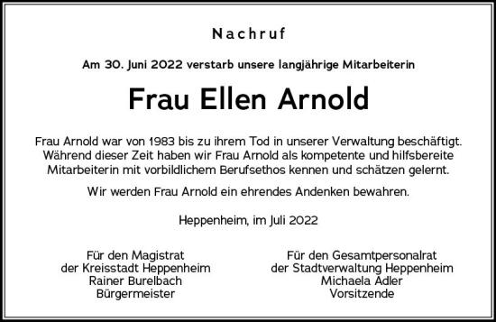 Traueranzeige von Ellen Arnold von vrm-trauer Bürstädter/Lamperth. Ztg/Starkenburger