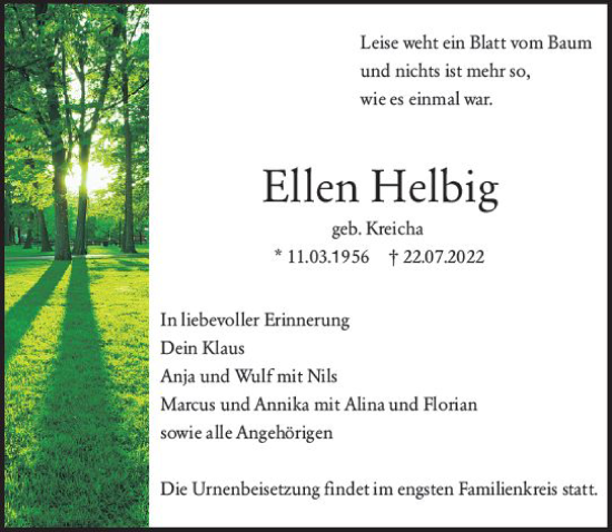 Traueranzeige von Ellen Helbig von vrm-trauer Bürstädter/Lamperth. Ztg/Starkenburger