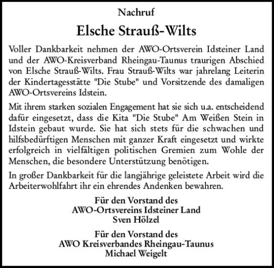 Traueranzeige von Elsche Strauß-Wilts von vrm-trauer Idsteiner Zeitung