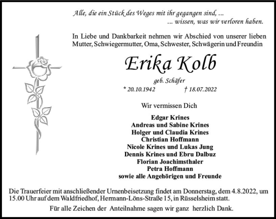 Traueranzeige von Erika Kolb von vrm-trauer Rüsselsheimer Echo / MainSpitze