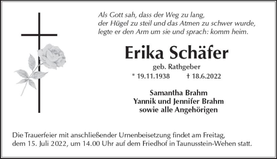 Traueranzeige von Erika Schäfer von vrm-trauer WK-UTA