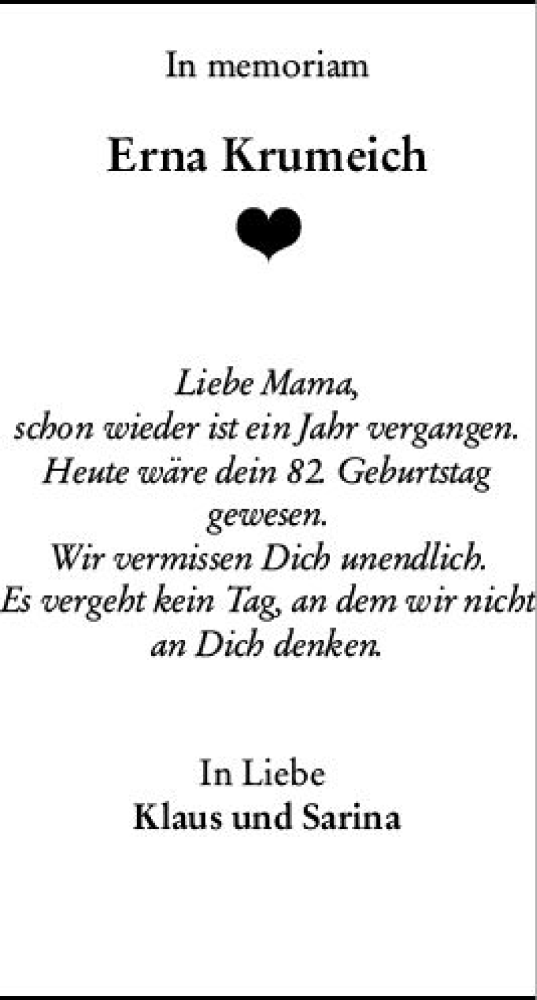 Traueranzeige von Erna Krumeich von vrm-trauer Wiesbadener Kurier