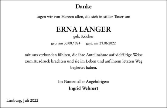 Traueranzeige von Erna Langer von vrm-trauer Wiesbadener Kurier