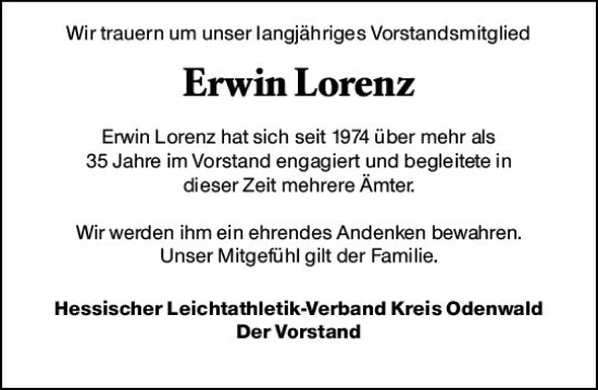 Traueranzeige von Erwin Lorenz von vrm-trauer Odenwälder Echo
