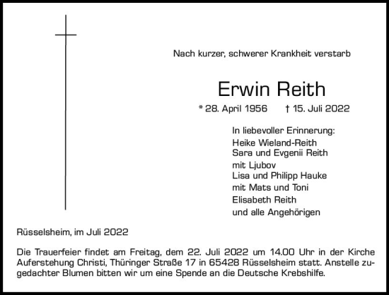 Traueranzeige von Erwin Reith von vrm-trauer Rüsselsheimer Echo / MainSpitze