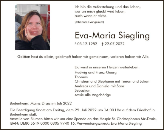 Traueranzeige von Eva-Maria Siegling von vrm-trauer AZ Mainz