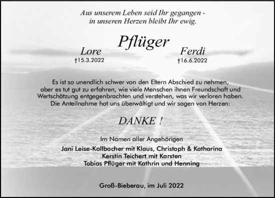 Traueranzeige von Ferdi Pflüger von vrm-trauer Odenwälder Echo