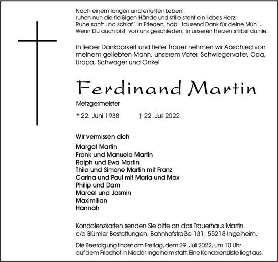 Traueranzeige von Ferdinand Martin von vrm-trauer Allgemeine  Zeitung Ingelheim-Bingen