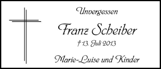 Traueranzeige von Franz Scheiber von vrm-trauer Wiesbadener Kurier