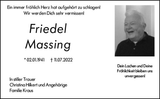 Traueranzeige von Friedel Massing von vrm-trauer Allgemeine  Zeitung Ingelheim-Bingen