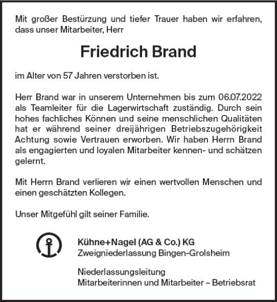 Traueranzeige von Friedrich Brand von vrm-trauer Allg. Zeitung Bad Kreuznach