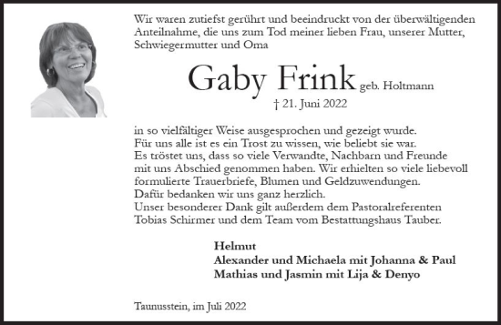 Traueranzeige von Gaby Frink von vrm-trauer Wiesbadener Kurier