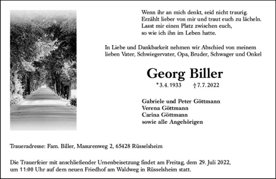 Traueranzeige von Georg Biller von vrm-trauer Rüsselsheimer Echo / MainSpitze