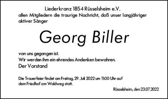 Traueranzeige von Georg Biller von vrm-trauer Rüsselsheimer Echo / MainSpitze