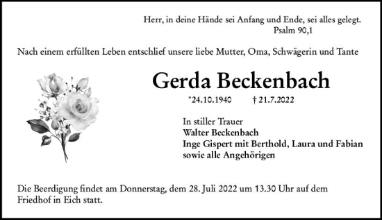 Traueranzeige von Gerda Beckenbach von vrm-trauer Wormser Zeitung