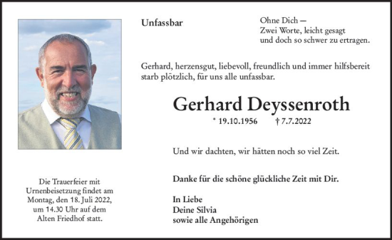 Traueranzeige von Gerhard Deyssenroth von vrm-trauer Hochheimer Zeitung