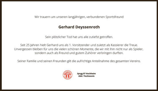 Traueranzeige von Gerhard Deyssenroth von vrm-trauer Hochheimer Zeitung